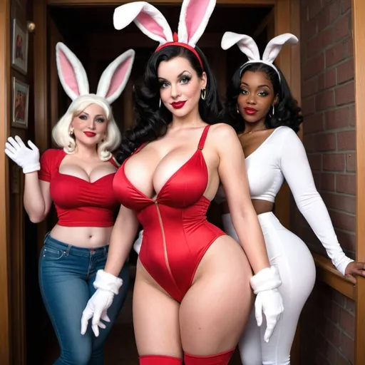 Prompt: Human annie betty boop jessica rabbit hip-hop character female with extra large revealing cleavage  easter bunny holy freyed tight outfit 