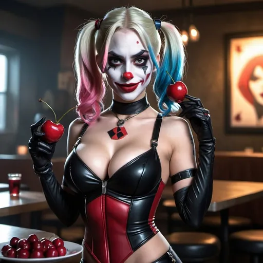 Prompt: Human harleyquinn hip-hop character female with extra large revealing cleavage and holy freyed black tight outfit eand eating a large cherry