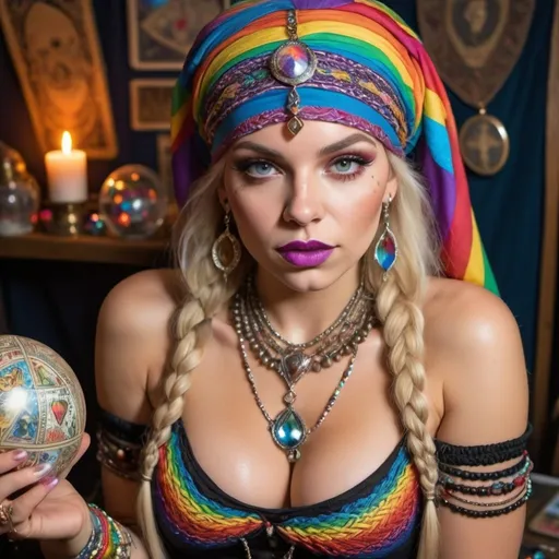 Prompt: Blonde rainbow microbraided hair full lips revealing extra large cleavage gypsy with bandana on her head and wearing alot of jewlery doing tarot cards and crystal ball 