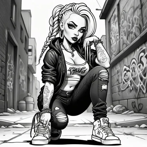 Prompt: Coloring page A thug ghetto blonde cartoon characture microbraided hair female with revealing extra large cleavage  graffiti outfit and shoes gothic punkgraffitti backround 
