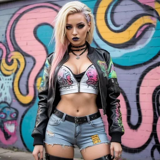 Prompt: blonde microbraided long multicolored pastel hair revealing abnormally full large cleavage thigh high boots cyber punk 2 piece graffit art printed leather outfit backround- sedusa adornment medusa graffiti cartoon leather bomber jacket