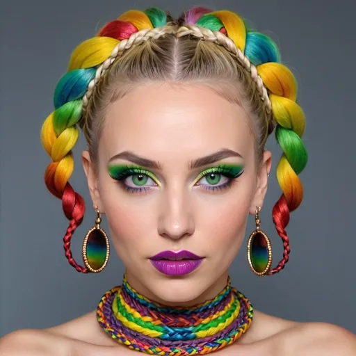 Prompt: Unique twisted hairdo blonde rainbow microbraided designer and matching outfit revealing extra large cleavage and wearing bold designer make up big nateral green eyes and full lips and piercings 