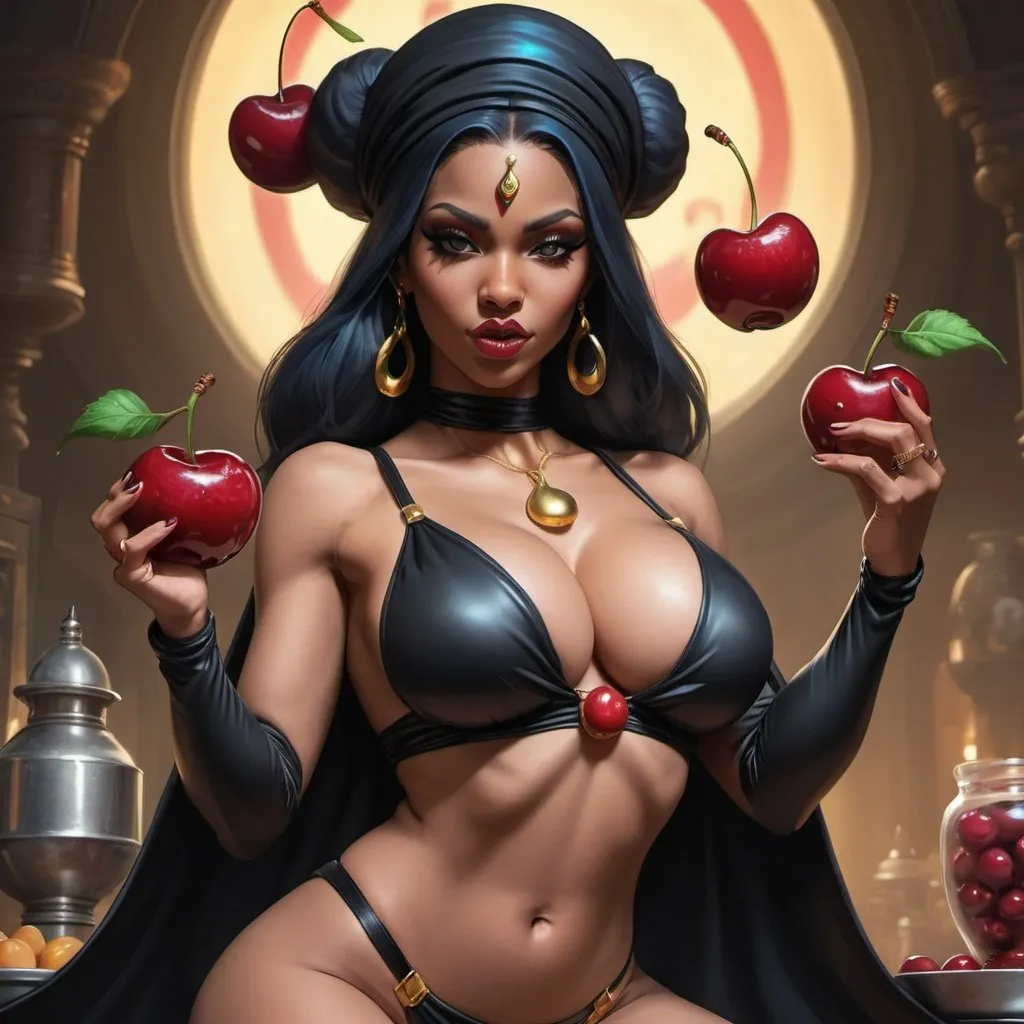 Prompt: Human genie hip-hop character female with extra large revealing cleavage and holy freyed black tight outfit eand eating a large cherry