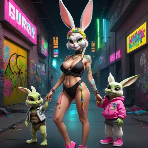 Prompt: Bugs bunny cyberpunk characture full body with green eyes blonde microbraided rainbow updo revelealing extra large cleavage wearing a matching 2 piece outfit matching with 2 graffiti high heels  with rainbow grafitti neon pink yellow black neon rainbow holding a baby yoda also roger rabbit 