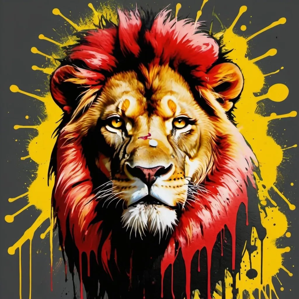 Prompt: A gangster lion graffiti charachter with yellow eyes  and splatter paint red 
