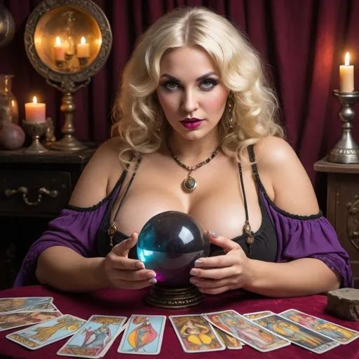 Prompt: Blonde revealing extra large cleavage gypsy doing tarot cards and crystal ball 