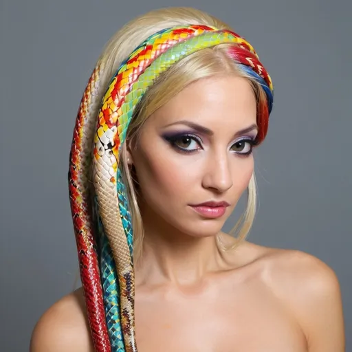 Prompt: Sedusa microbraided blonde long multicolored snake hair graffiti charachter - sedusa adornment