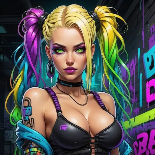 Prompt: Cartoon Graffiti cyberpunk characture with green eyes blonde revelealing extra large cleavage  rainbow microbraided rainbow neon hair grafitti neon yellow neon purple and neon blue black