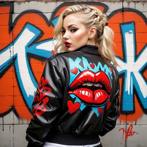 Prompt: Graffiti kiss marks Blonde female microbraided lomg hair revealing extral large cleavage wesring a black leather 2 piece exotic bedroom outfit with red kiss mark art graffiti on bomber jacket graffiti art backround 