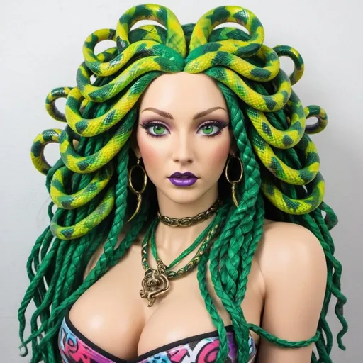 Prompt: Graffiti medusa microbraided blonde long multicolored snake hair charachter green eyes extra large cleavage- sedusa adornment