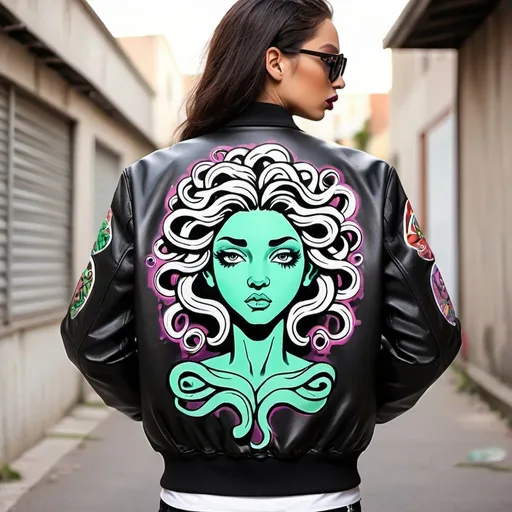 Prompt: graffit art printed backround- sedusa adornment medusa graffiti cartoon leather bomber jacket