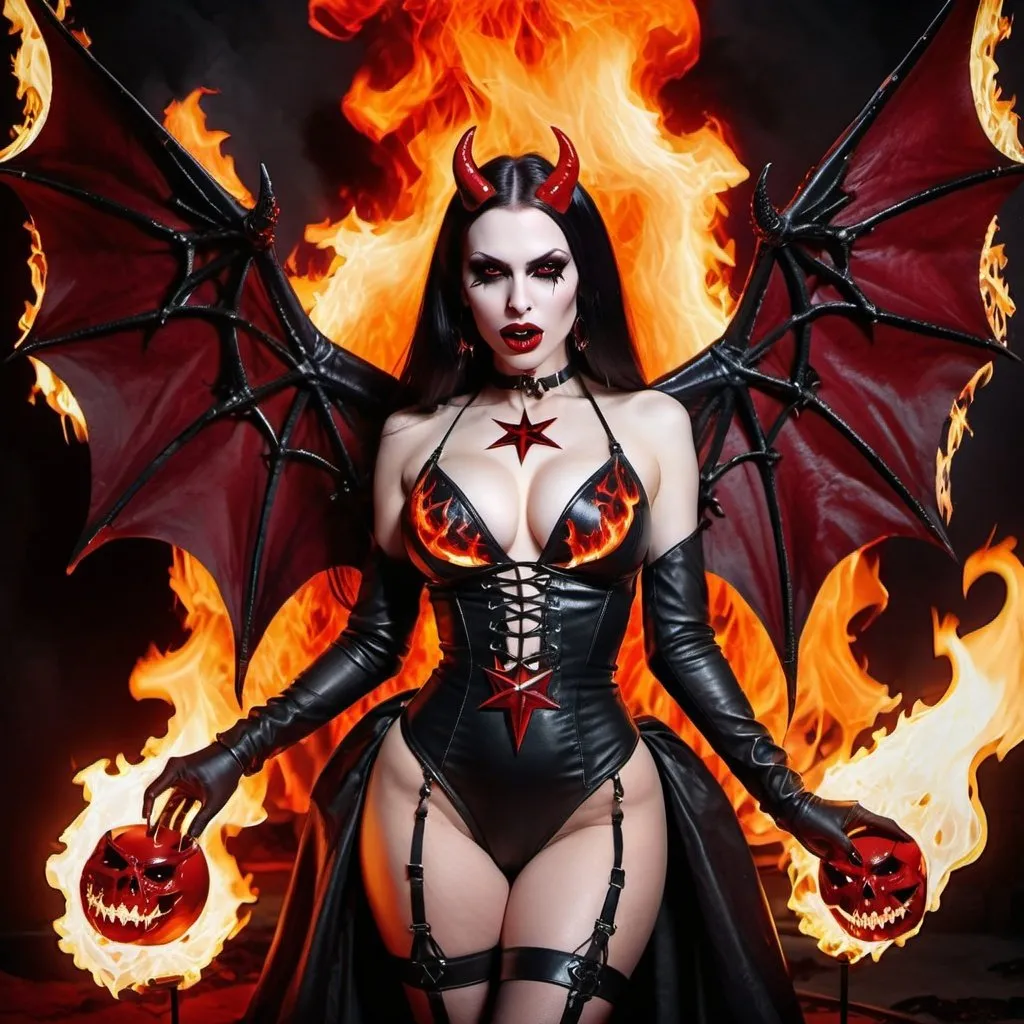 Prompt: Enchanted mystical empowered gothic vampiress demoness revealing extra large cleavage red full lips demonic being pentagram wings and high heels leather outfit revealing exotic and evil detailed fire hellish spirited darkness doing rituals fantasy human