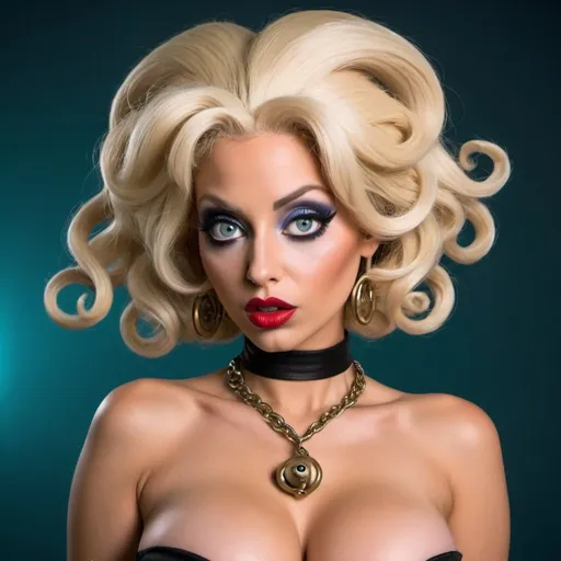 Prompt: Unique medusa hairdo blonde designer outfit revealing extra large oversized cleavage and wearing bold designer make up big natural eyes and full lips and witha gangster Roger rabbit and thug bugs bunny 