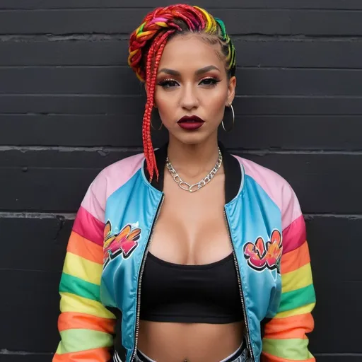 Prompt: Red full lips rainbow pastel microbraided hair revealing cleavage wearing a graffitti printed crop top  and sedusa bomber jacket i front of a black wall backround - sedusa adornment