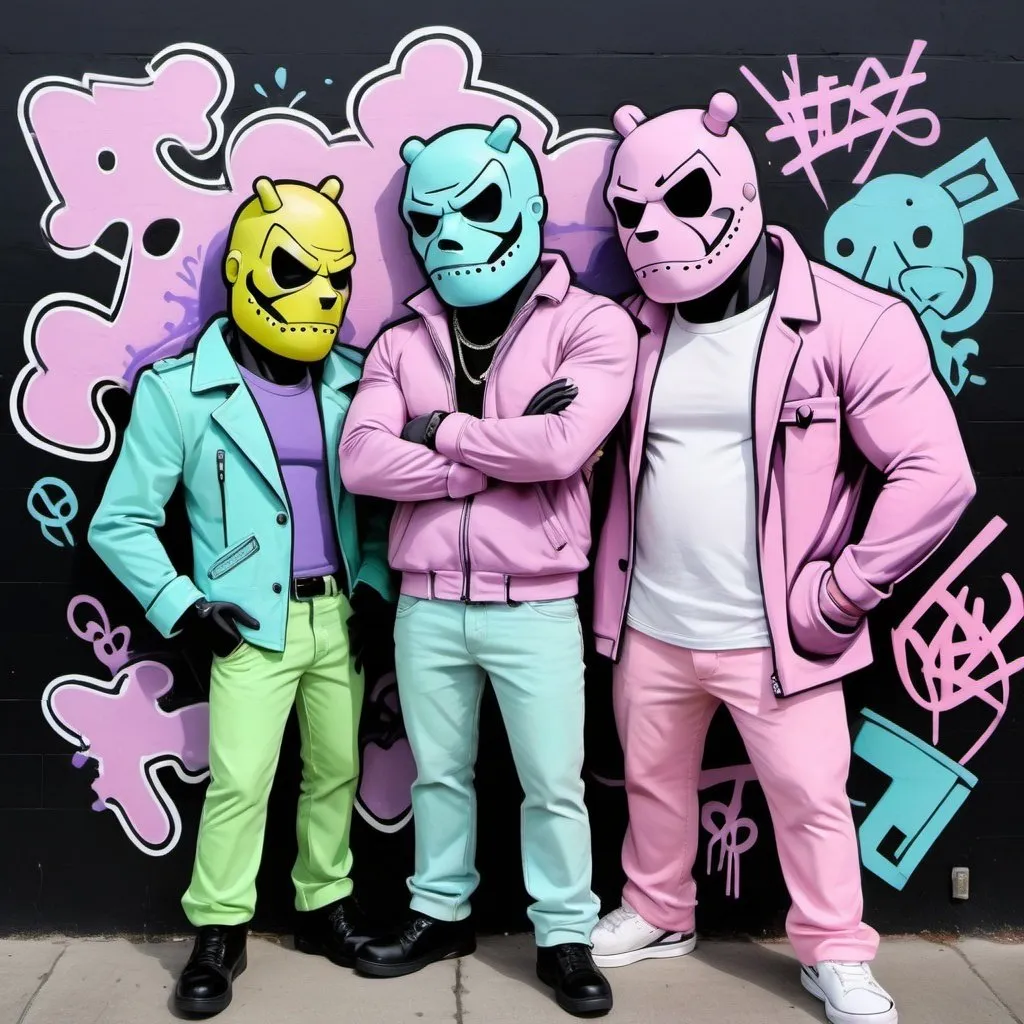 Prompt: Pastel purple white and pastel green pastel pink pastel blue pastel yellow graffiti art charachters on a black wall backround freddy crugar and jason muscular gangsters pastel colored 