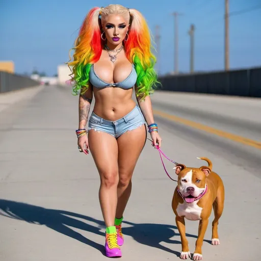 Prompt: Blonde neon rainbow hair revealing extra large cleavage full lips shiney loud makeup matching shoes and walking with her pitbull