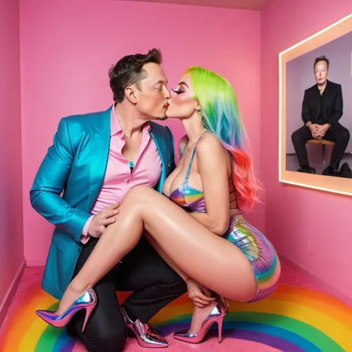 Prompt: Blonde neon rainbow hair revealing extra large cleavage full lips shiney loud makeup matching shoes and kissing her boyfriend elon musk