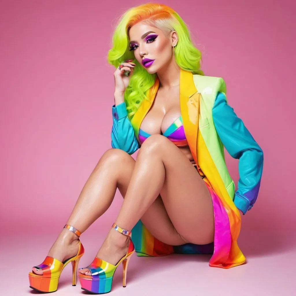 Prompt: Blonde neon rainbow hair revealing extra large cleavage full lips shiney loud makeup matching shoes