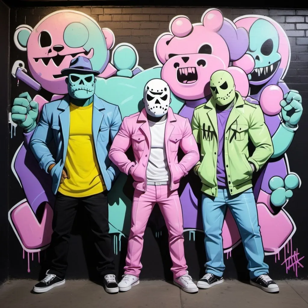 Prompt: Pastel purple white and pastel green pastel pink pastel blue pastel yellow graffiti art charachters on a black wall backround freddy crugar and jason muscular gangsters pastel colored 