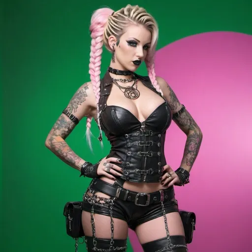 Prompt: detailed living human chrome blondish long microbraided hair with extra large I'm exotic detailed human chrome blondish long microbraided hair with extra large cleavage small waist big rear end and tattoos and piercings thigh high boots cyber punk leather pink and black lace outfit detailed humanistic on green screen backround small waist big rear end and tattoos and piercings thigh high boots cyber punk leather pink and black lace outfit medusa graffit -sedusa adornment