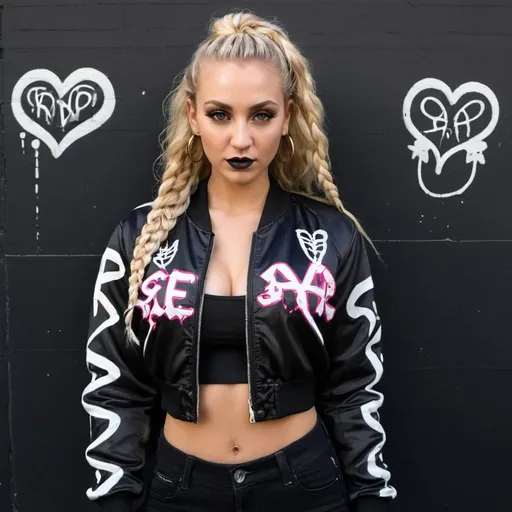 Prompt: Blonde microbraided hair revealing cleavage wearing a graffitti printed crop top  and sedusa bomber jacket i front of a black wall backround - sedusa adornment