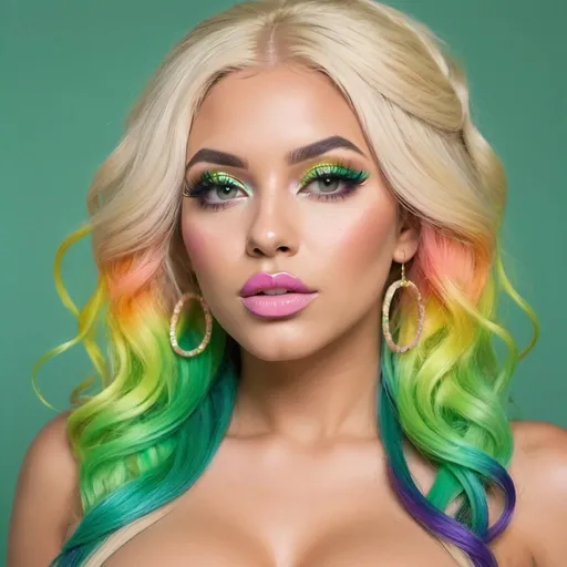 Prompt: Solid Green backround Blonde Rainbow pastel String Glitter hair matching outfit revealing extra large cleavage full lips unique makeup exotic - Sedusa Adornment 