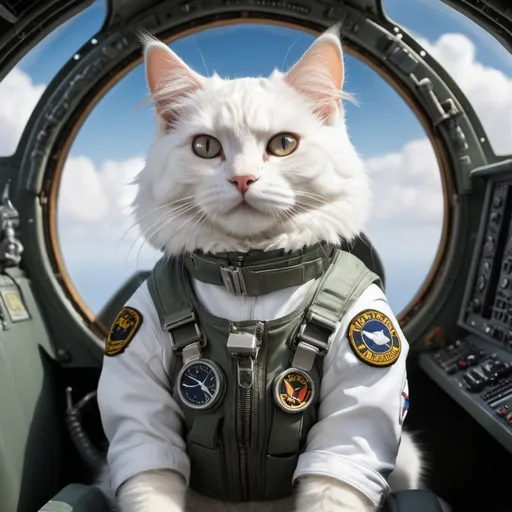 Prompt: A highly detailed, realistic image of a white, fluffy cat sitting inside the cockpit of a fighter jet. The cat is wearing a pilot’s suit, complete with various patches and badges that add an authentic military look. The cockpit is filled with intricate controls, buttons, and levers, suggesting a complex, high-tech environment. The cat’s expression is serious and focused, as if it is preparing for a flight. The background shows a view of the sky with some clouds, indicating the jet is in mid-flight. The lighting is natural, highlighting the cat’s fur texture and the metallic surfaces of the cockpit.