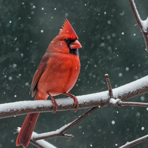 Prompt: A cardinal on a tree branch while it's snowing.

