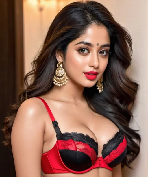 Prompt: Create a picture of janhvi kapoor, wearing a   black lingeriee, big breaast, red lips. 