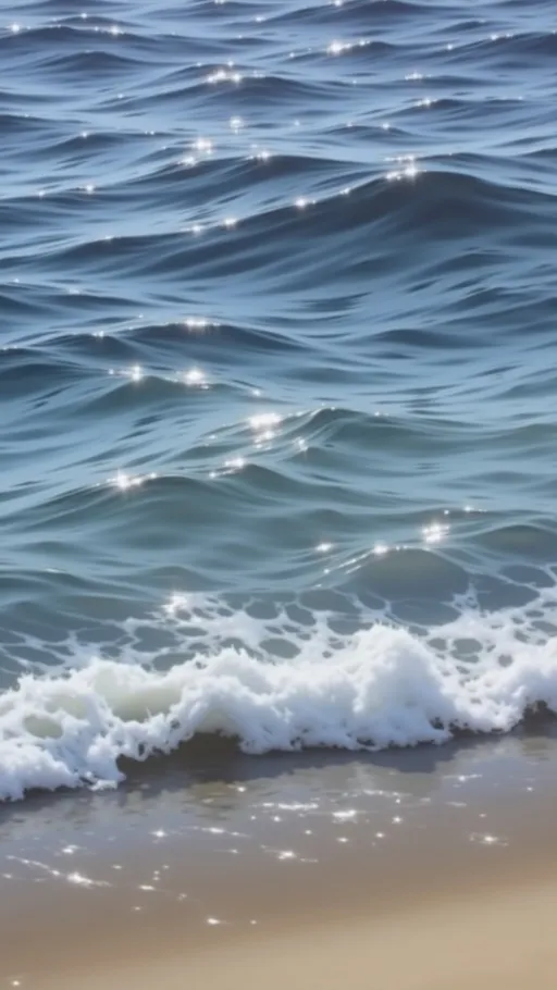 Prompt: Glistening waves undulate across the serene surface of the ocean, their deep blue hues interspersed with vibrant highlights that sparkle like diamonds under soft sunlight. The water appears to dance gently, reflecting the light in a mesmerizing display of movement and texture. Each wave flows into the next, creating a harmonious rhythm that evokes a sense of calm and tranquility. The composition captures the essence of a peaceful seascape, inviting thoughts of relaxation and an escape into nature. With its rich colors and radiant shimmer, the scene conveys a beauty that is both soothing and captivating.