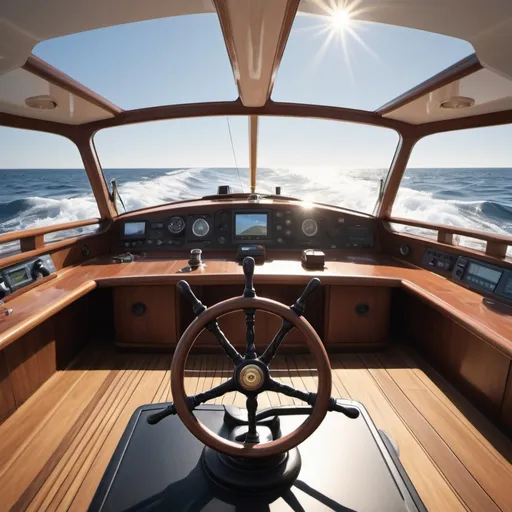 Prompt: Create an image from the perspective of the deck of the ship looking toward the bow and open ocean in the front. Show the perspective of being behind the helm (steering wheel). Now show a beam of light at the helm that is seemingly steering the ship.