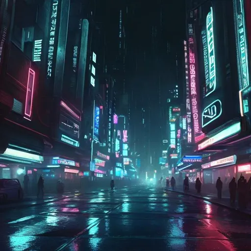 Prompt: bladerunner 2049 city at night viewed from a street with hologram buildings on the left of the street and abandoned black buildings on the right side of the street