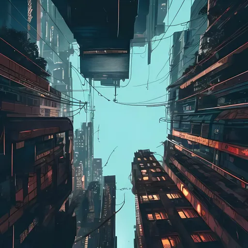 Prompt: looking up surrounded by buildings in a cyberpunk city
