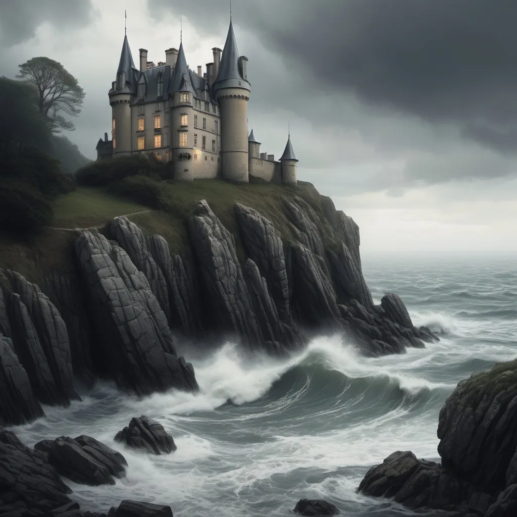 Prompt: He reached it. It was the shore of the sea. Across a cove he could see the gloomy gray stone of the chateau. Twenty feet below him the sea rumbled and hissed. Rainsford hesitated. He heard the hounds. Then he leaped far out into the sea.