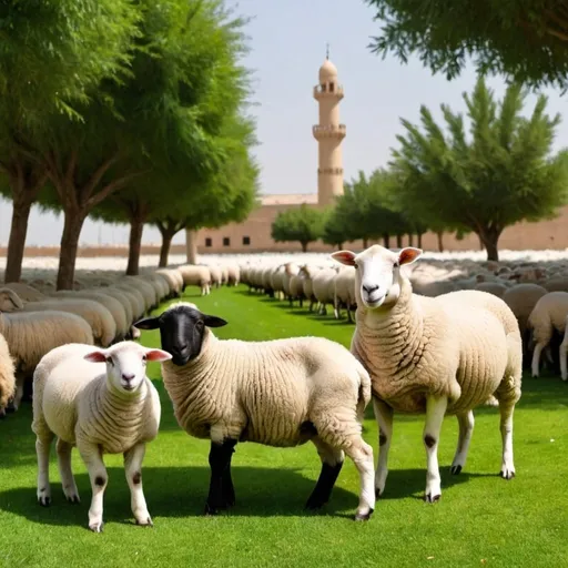 Prompt: I want a picture of greenery with sheep and Eid al-Adha greetings