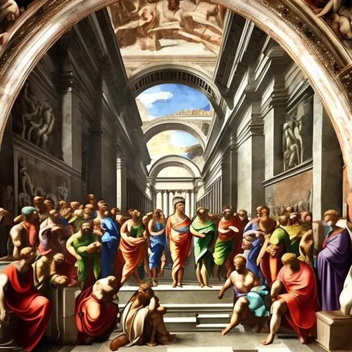 Prompt: michelangelo
 painting
perspective
colour
people wearing toga
buon fresco

