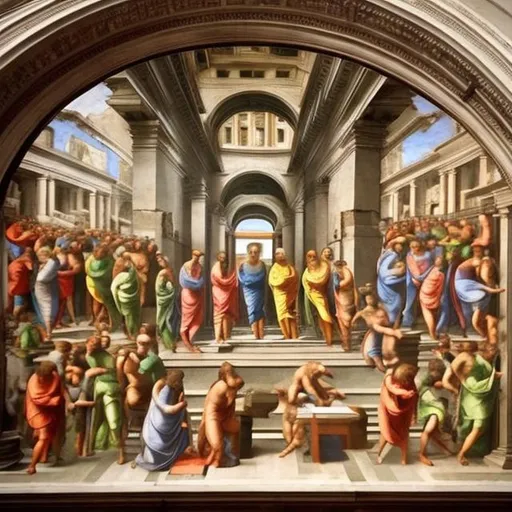 Prompt: michelangelo 
painting 
perspective
 colour people wearing toga 
buon fresco
christian themes from 1500's
