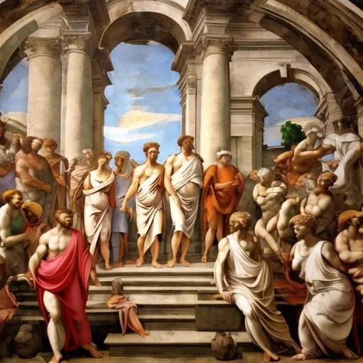 Prompt: michelangelo
buon fresco
naturalism
togas
perspective
christianity
colour
church
people wearing togas
humans