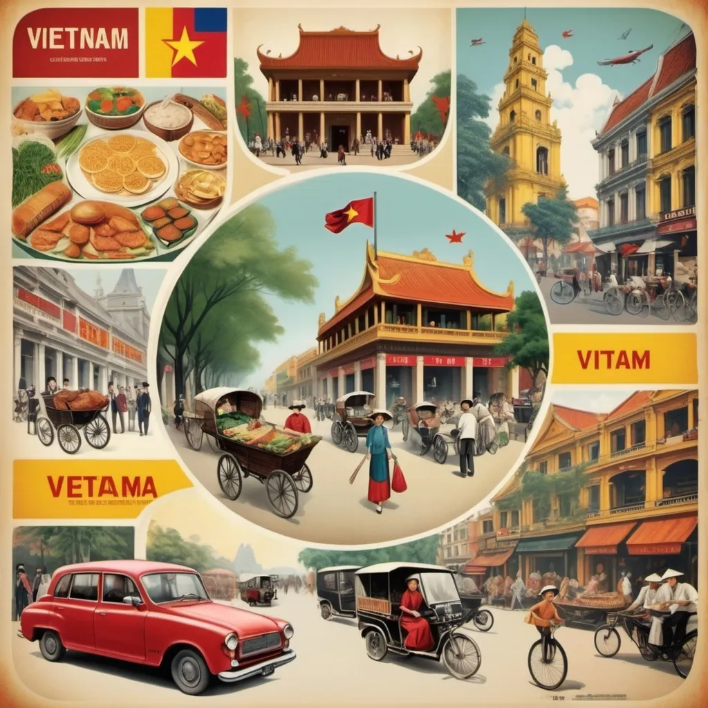 Prompt: A poster which shows the cultural interaction between Vietnam and europe from 1900s to nowadays and contain almost major in daily life such as food  , festival ,fashion, architecture , However all of them are put in a picture and have old features and modern ,new features of in that mock of time