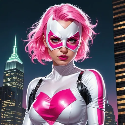 Prompt: Marvel comics art, (comic art), 2d art. (2d), DC comics art. Well drawn face. Detailed face Dramatic cool hero pose. Pastel hair Woman with neon pink highlights striped hair. Neon pink and white costume with glowing heart theme. White boots. White gloves. Masked. City night skyscrapers as background