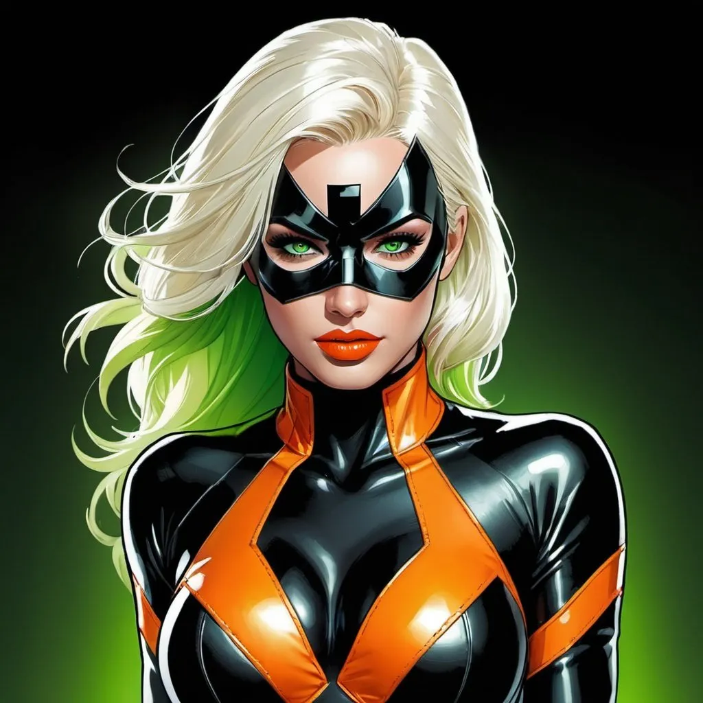 Prompt: Marvel comics art, (comic art), 2d art. (2d), DC comics art. Well drawn faces, detailed faces.

Dramatic cool hero pose. Platinum Blonde Woman with neon orange and green highlights. Green eyes. Whole body. Neon orange suit. Black boots. Black gloves. Black lipstick. Black lips. Masked. 