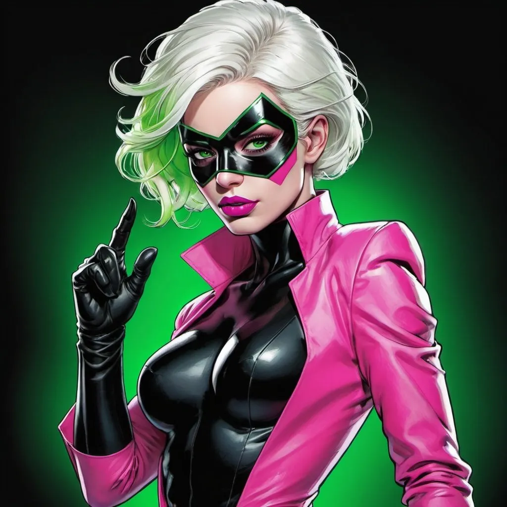 Prompt: Marvel comics art, (comic art), 2d art. (2d), DC comics art.

Dramatic cool hero pose. Platinum Blonde Woman with neon pink green highlights striped hair. Green eyes. Neon pink suit. Black boots. Black gloves. Black lipstick. Black lips. Masked. 