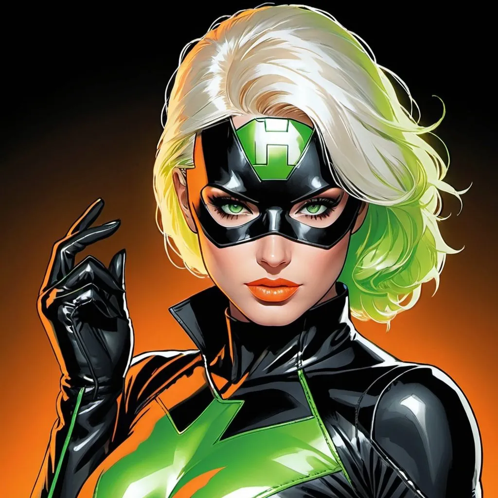 Prompt: Marvel comics art, (comic art), 2d art. (2d), DC comics art. Well drawn faces, detailed faces.

Dramatic cool hero pose. Platinum Blonde Woman with neon orange and green highlights. Green eyes. Whole body. Neon orange suit. Black boots. Black gloves. Black lipstick. Masked. 