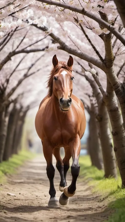 Prompt: A brown horse is running in the cherry tree forests in japan. A clear day in spring. Head big close-ups. wide angle in background. natural. A photography style. 