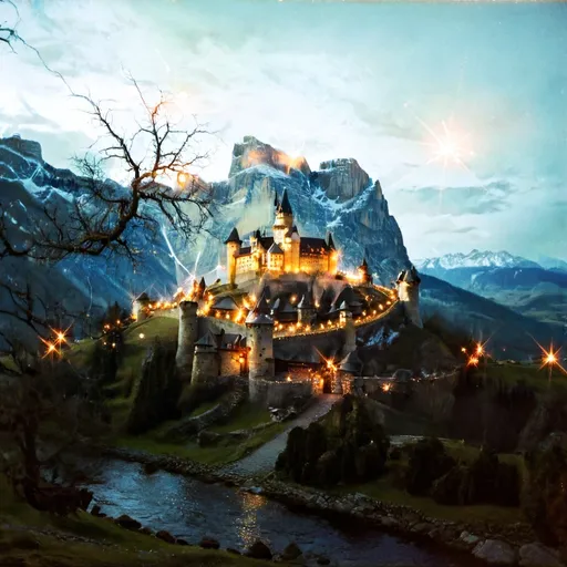 Prompt: ancient magical castle on a tall mountain with fairy lights floating. 