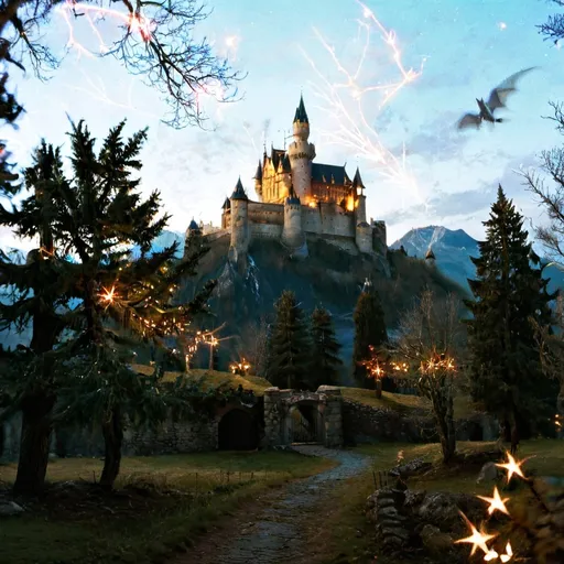 Prompt: ancient magical castle on a tall mountain with magic trees surrounding it and fairy lights with a wyvern flying around in the background