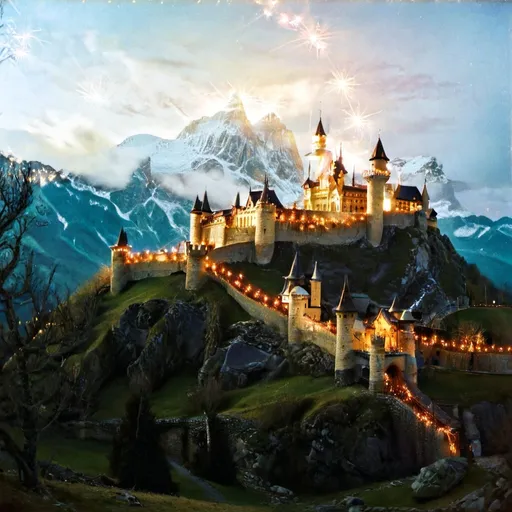 Prompt: ancient magical castle on a tall mountain with fairy lights floating 