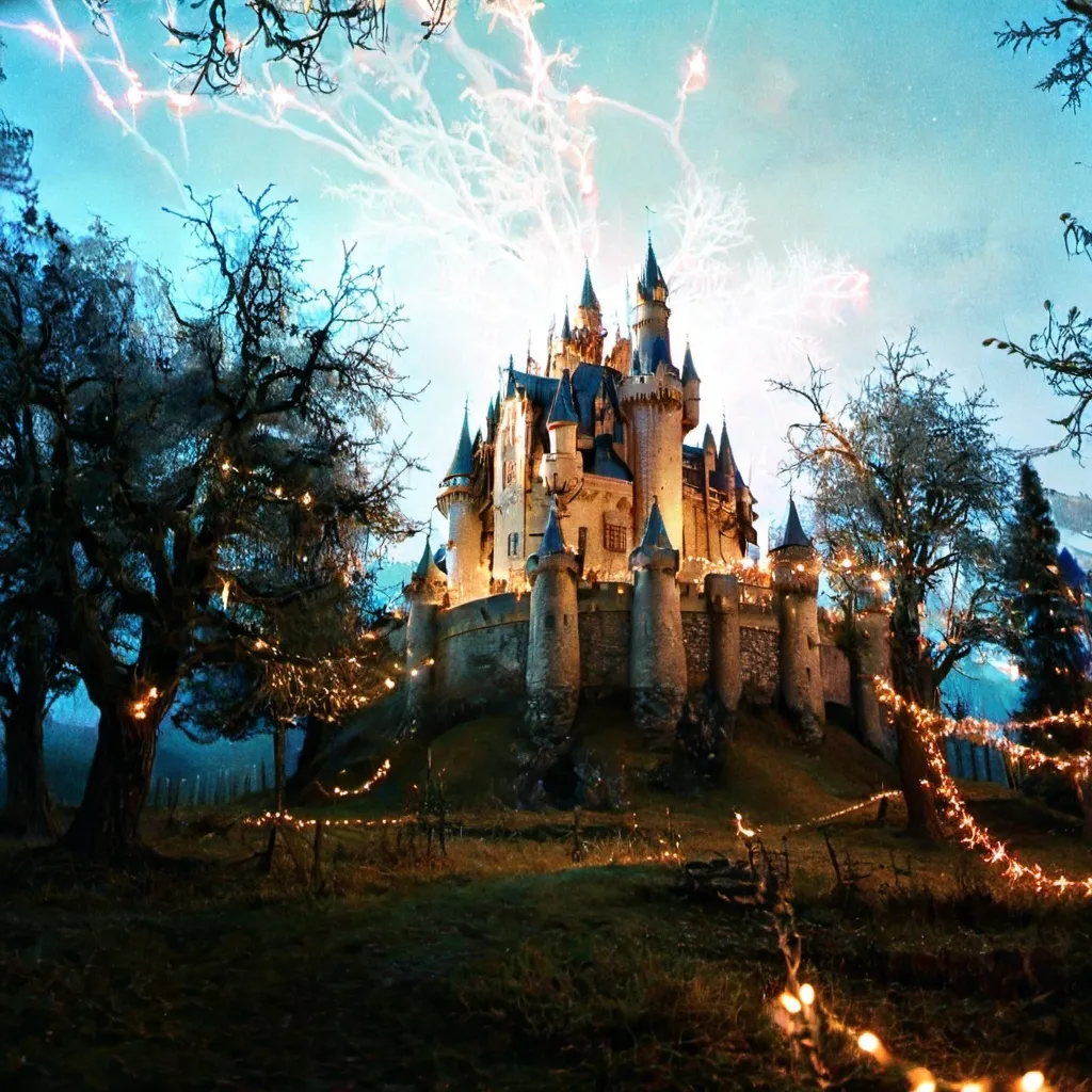 Prompt: Magical castle in a world with magic trees and fairy lights with wyverns flying around