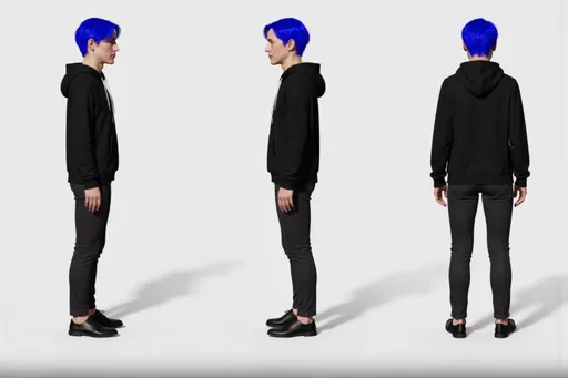 Prompt: A full-body character sheet of 3D realistic render male character 5e85fe72 with short bright blue hair, fair skin, black hoodie with white drawstrings displayed in three clear views on a clean white background, arranged in a three-column grid pattern with equal spacing and importance. Left panel: front view showing complete anatomical details and outfit. Center panel: perfect 90-degree side view (profile) clearly showing the character's side silhouette, facial profile, and outfit from a direct lateral perspective. Right panel: back view revealing posterior details Each view maintains consistent scale, lighting, and full-body presentation from head to toe. All three perspectives must be equally detailed and given equal prominence in the composition.