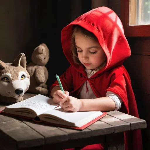 Prompt: little red riding hood writing on her diary